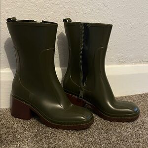 Olive Green Chunky Heel Waterproof Ankle Boots